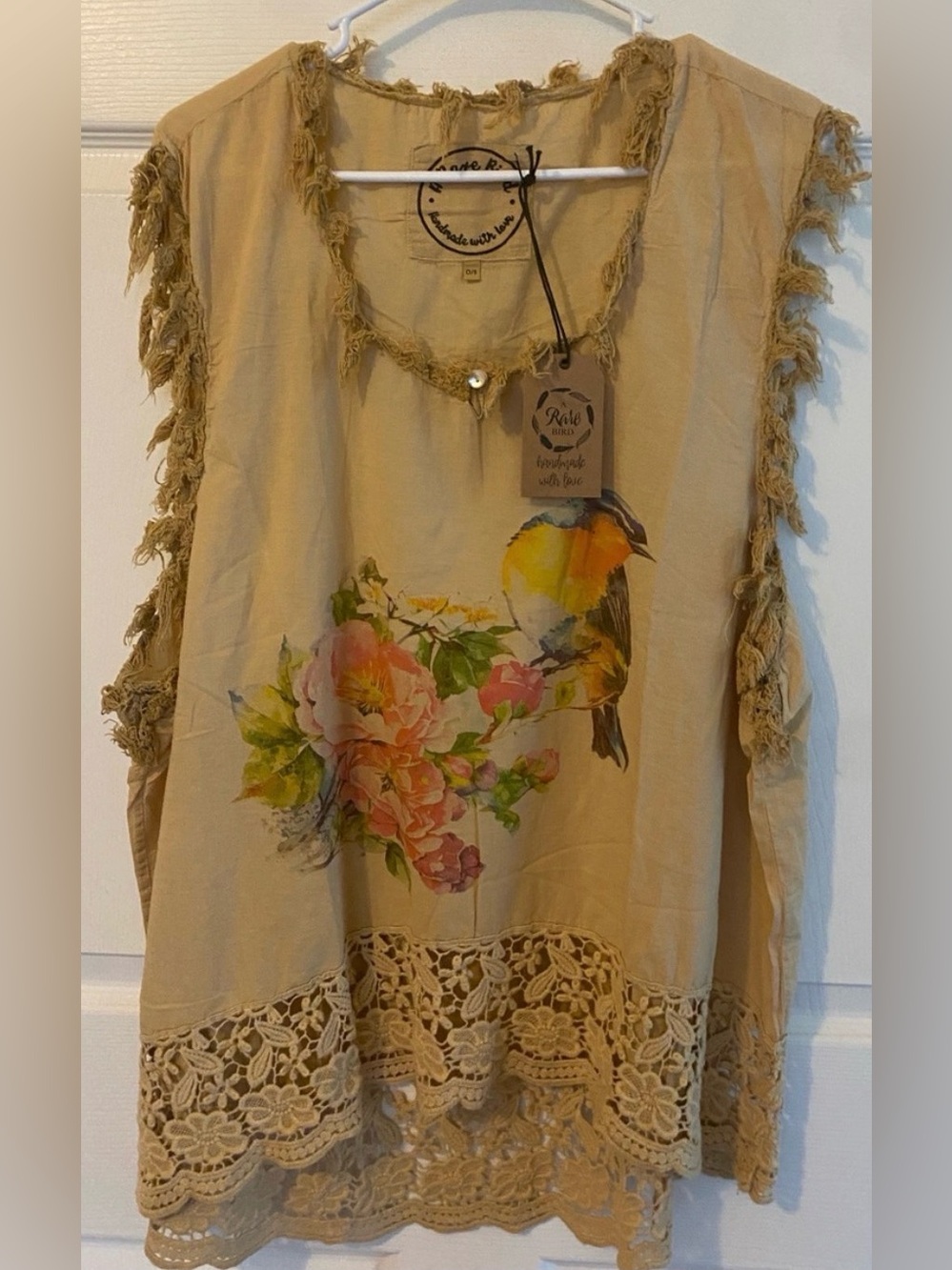 A Rare Bird Beautiful Boutique Beige Floral Antiqued Bird Butterfly and Lace!